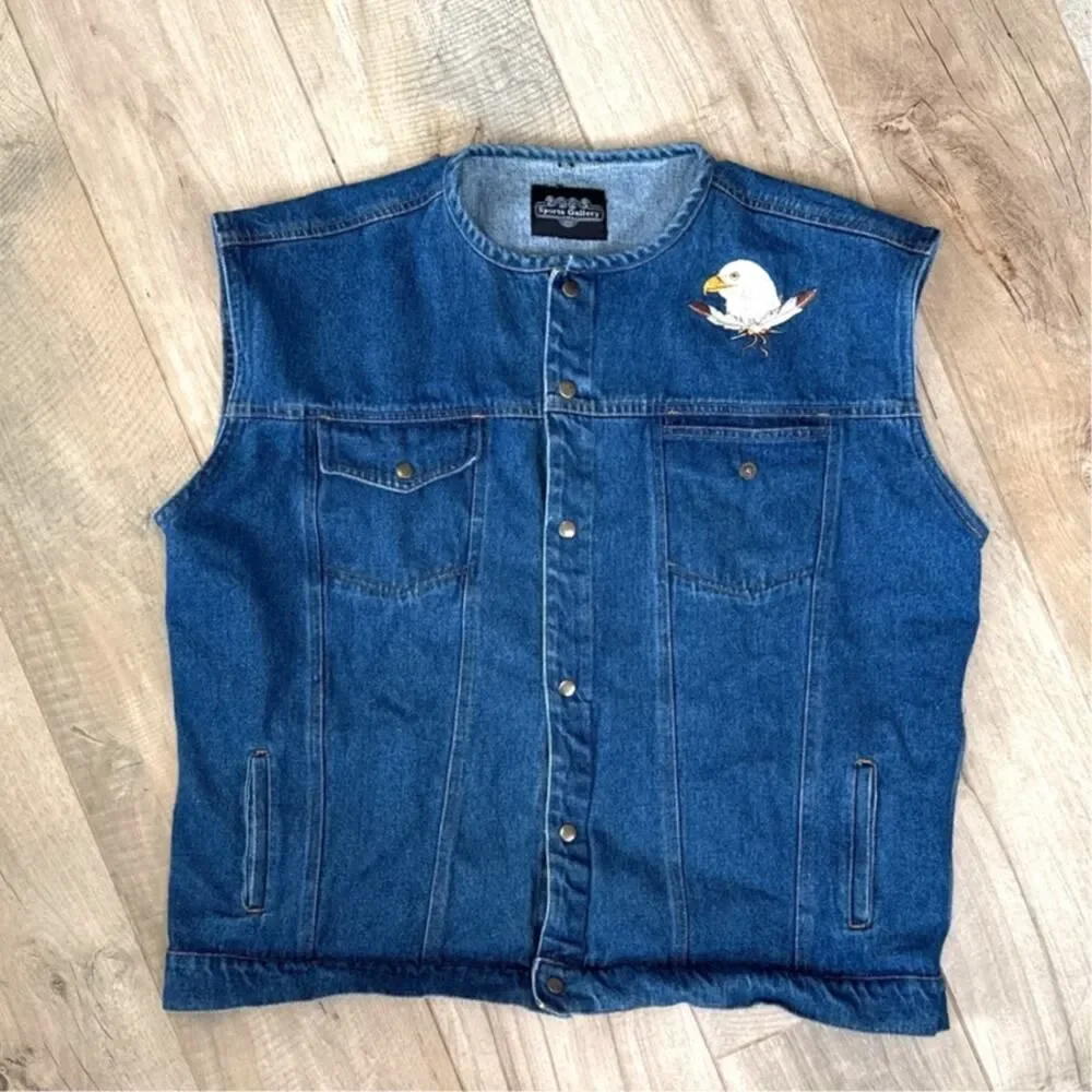 Vintage Native American Bald Eagle Jean Jacket Vest Mens 3XL - Picture 3 of 7